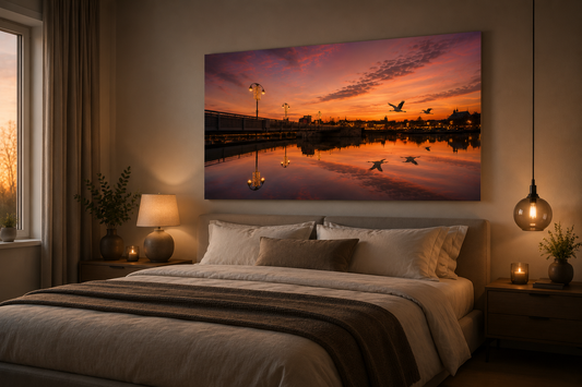 Zonsondergang met 2 reigers in Hartje Maastricht over de Maas.